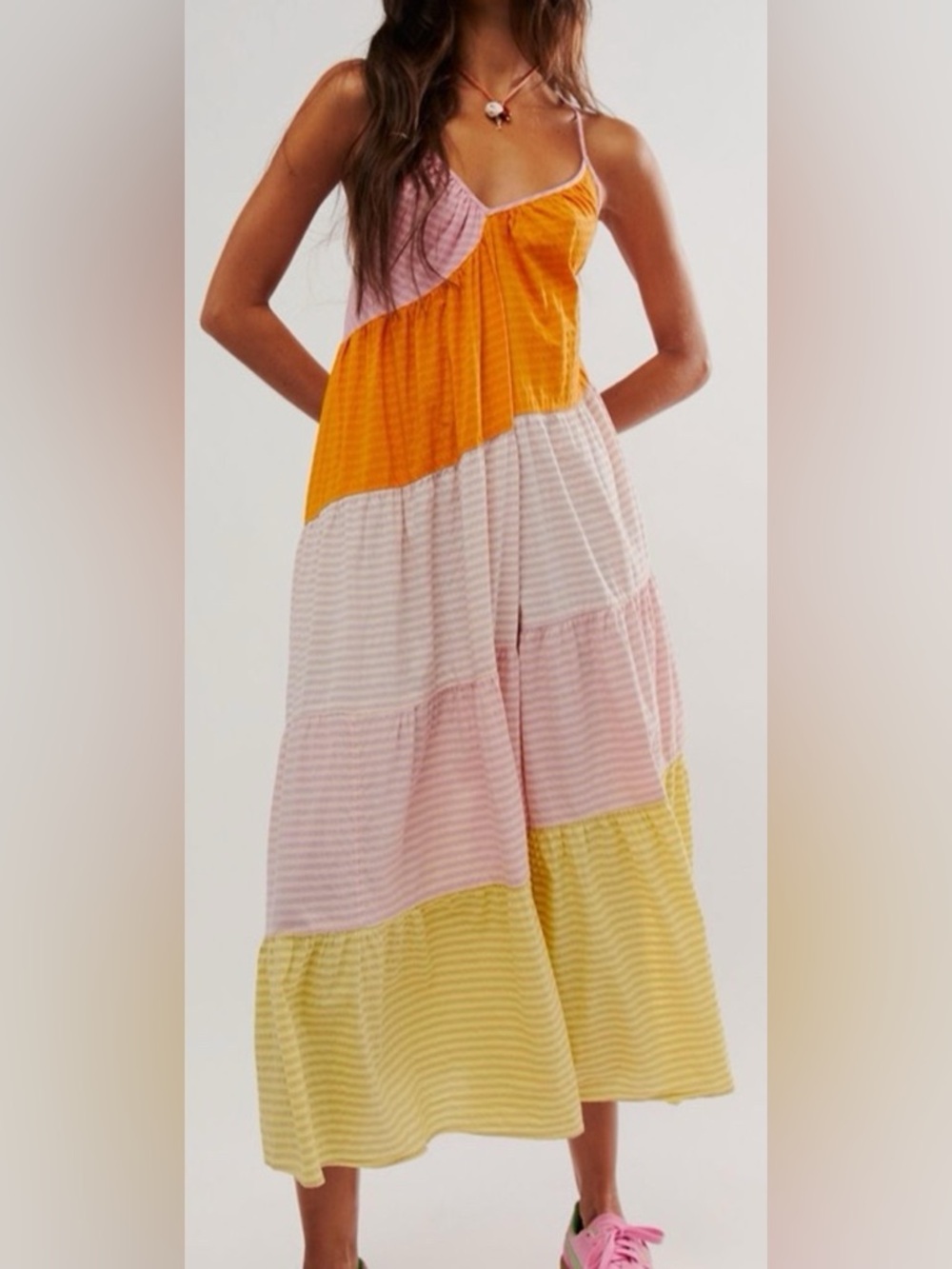Free People Size Small Striped Tiered Maxi Dress in Yellow, Pink & Cream.